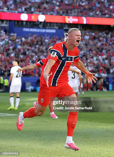Erling Haaland of Norway celebrates scoring his team's first goal during the FIFA World Cup 2026 Group I match between Iraq and Norway at Boston...