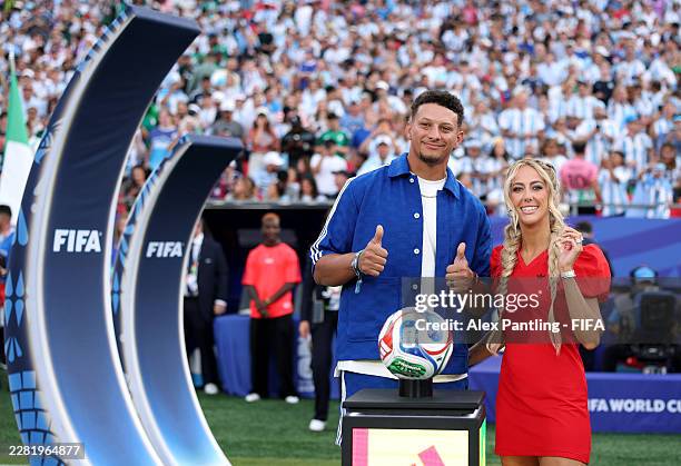 Patrick Mahomes of the Kansas City Chiefs and Brittany Mahomes attend the FIFA World Cup 2026 Group J match between Argentina and Algeria at Kansas...