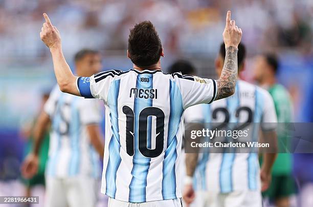 Lionel Messi of Argentina celebrates scoring his team's first goal during the FIFA World Cup 2026 Group J match between Argentina and Algeria at...