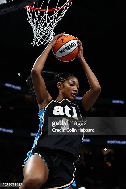 Angel Reese of the Atlanta Dream grabs a rebound during the first quarter against the Indiana Fever at State Farm Arena on June 20, 2026 in Atlanta,...