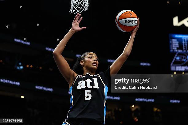 Angel Reese of the Atlanta Dream grabs a rebound during the first quarter against the Indiana Fever at State Farm Arena on June 20, 2026 in Atlanta,...