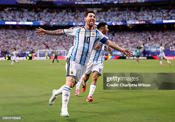 Lionel Messi of Argentina celebrates scoring his team's first goal during the FIFA World Cup 2026 Group J match between Argentina and Algeria at...