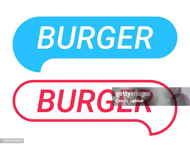 burger - blue and red speech bubble on white background - veggie burger stock illustrations