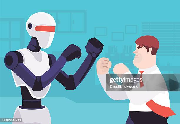 businessman conflicting with robot - virtual teaching stock illustrations