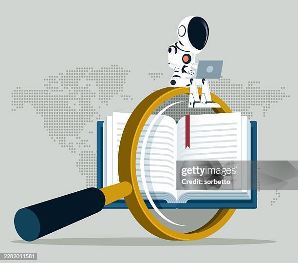 ai robot - searching - filing paperwork stock illustrations