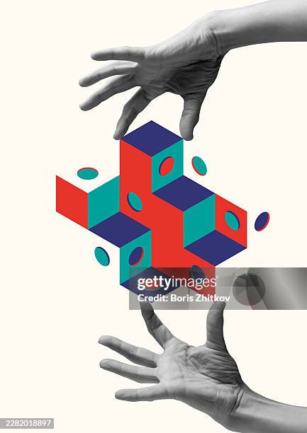 hands holding an impossible object in search of solution - abstract forced perspective stock pictures, royalty-free photos & images