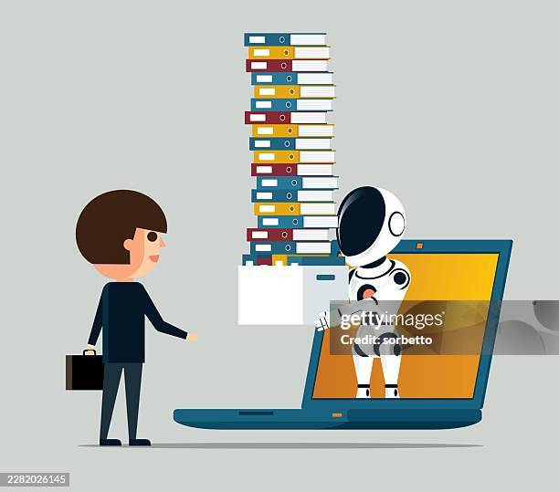 businessman control robot - laptop - remote employees stock illustrations