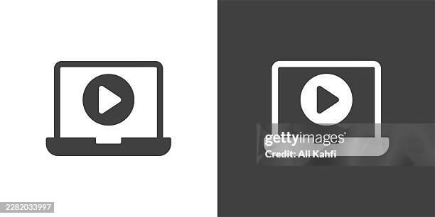 laptop video glyph solid icon. solid icon that can be applied anywhere, simple, pixel perfect and modern style - live video player interface stock illustrations