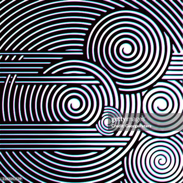 overlapping spirals and stripes abstract background and glitch technique - interlocking circles stock illustrations