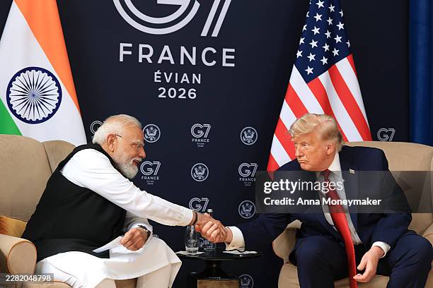 President Donald Trump shakes hands with Indian Prime Minister Narendra Modi during a bilateral meeting at the G7 Summit on June 17, 2026 in...
