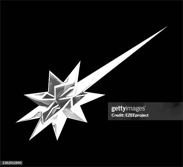 silver chrome 3d shooting star icon, metallic comet sparkle on black background, glossy star burst christmas vector illustration - liquid chrome stock illustrations