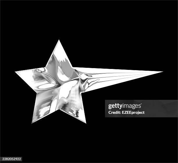 silver chrome 3d shooting star icon, metallic comet sparkle on black background, glossy star burst christmas vector illustration - liquid chrome stock illustrations