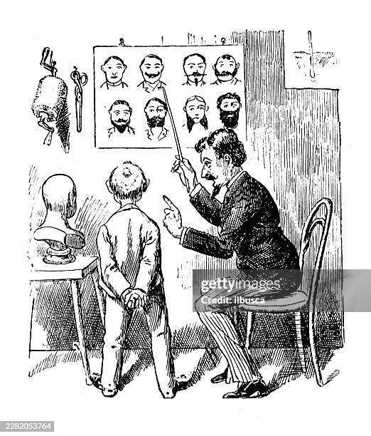 comic cartoon, apprentice barber practising - kid scissors stock illustrations