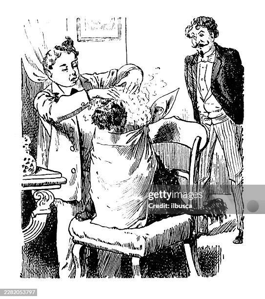 comic cartoon, apprentice barber practising - kid scissors stock illustrations