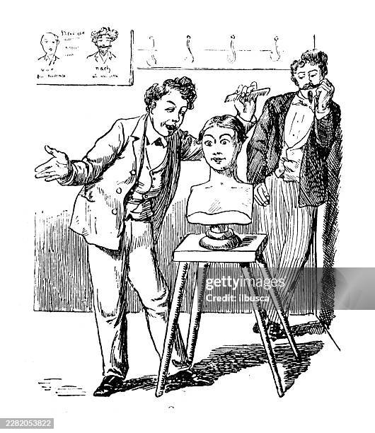 comic cartoon, apprentice barber practising - student work experience stock illustrations