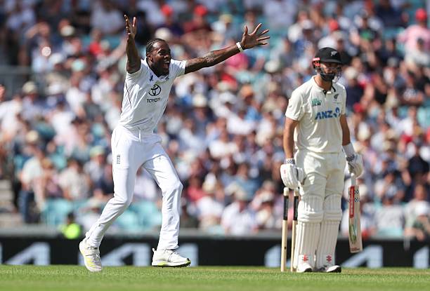 Jofra Archer of England appeals for a wicket during the first day of the England v New Zealand - 2nd Rothesay Test Match at The Kia Oval on June 17,...
