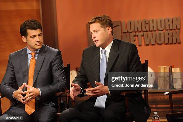 View of sportscasters Lowell Galindo and Kevin Dunn on set during a Longhorn Network media preview event, Austin, Texas, August 18, 2011.