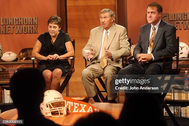 View of presenters on set during a Longhorn Network media preview event, Austin, Texas, August 18, 2011. Pictured are, from left, University of Texas...