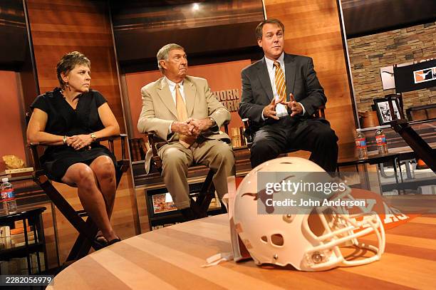View of presenters on set during a Longhorn Network media preview event, Austin, Texas, August 18, 2011. Pictured are, from left, University of Texas...