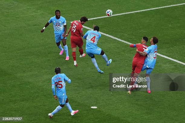 Joao Neves of Portugal scores his team's first goal during the FIFA World Cup 2026 Group K match between Portugal and Congo DR at Houston Stadium on...