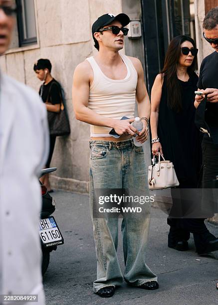 Model at Milan Men's Spring-Summer 2027 fashion week on June 20, 2026 in Milan, Italy.