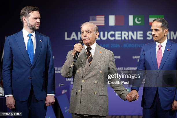 Pakistan's Prime Minister Shehbaz Sharif speaks next to U.S. Vice President JD Vance and Qatar's Prime Minister and Minister for Foreign Affairs...