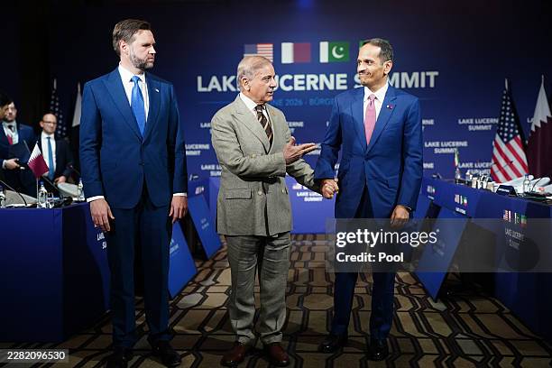 Vice President JD Vance looks on as Pakistan's Prime Minister Shehbaz Sharif speaks while gesturing towards Qatar's Prime Minister and Minister for...