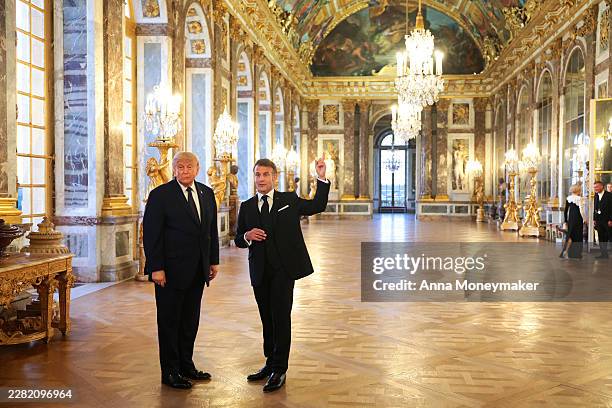 President Donald Trump receives a tour of Chateau de Versailles from President of France Emmanuel Macron ahead of a dinner on June 17, 2026 in...