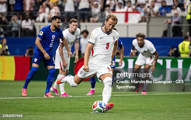 With the second try Harry Kane scores his team's first goal with penalty kick during the FIFA World Cup 2026 Group L match between England and...