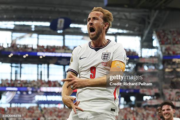 Harry Kane of England celebrates scoring his team's second goal during the FIFA World Cup 2026 Group L match between England and Croatia at Dallas...