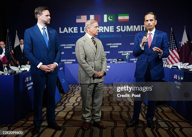 Qatar's Prime Minister and Minister for Foreign Affairs Sheikh Mohammed bin Abdulrahman bin Jassim Al-Thani makes an opening statement as U.S. Vice...