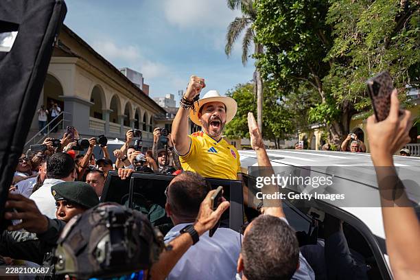 Abelardo de la Espriella, candidate for the Salvación Nacional party waves supporters after casting his vote during the 2026 presidential runoff in...