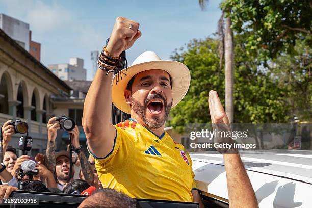 Abelardo de la Espriella, candidate for the Salvación Nacional party waves supporters after casting his vote during the 2026 presidential runoff in...