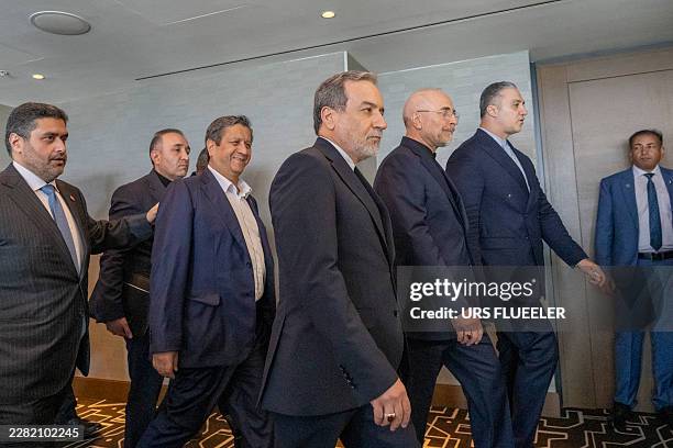 Iran's delegation including Minister of Foreign Affairs of Iran Abbas Araghchi and Speaker of the Islamic Parliament of Iran, Mohammed Bagher...