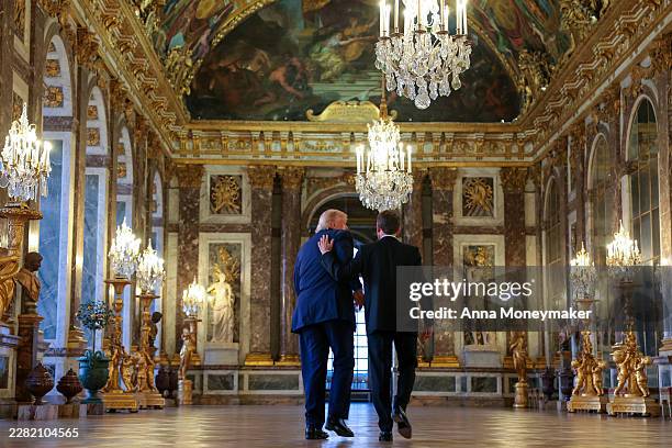 President Donald Trump receives a tour of Chateau de Versailles from President of France Emmanuel Macron ahead of a dinner on June 17, 2026 in...
