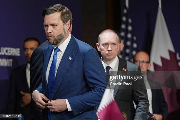 Vice President JD Vance attends an opening statement at a quadrilateral meeting between the U.S., Iran, Pakistan, and Qatar at the Lake Lucerne...