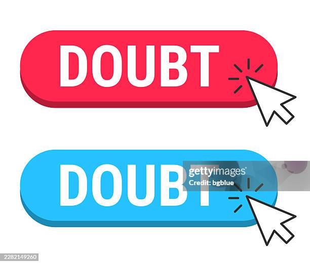 doubt - red and blue buttons with cursor on white background - computer confused stock illustrations