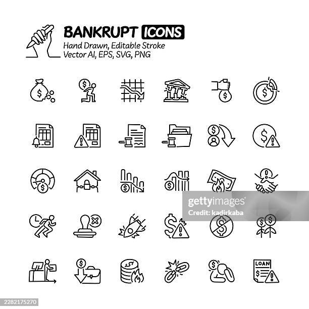 ilustraciones, imágenes clip art, dibujos animados e iconos de stock de set de iconos de línea de garabatos dibujados a mano en bancarrota. iconos de vectores de trazo editables. - cartera vacía