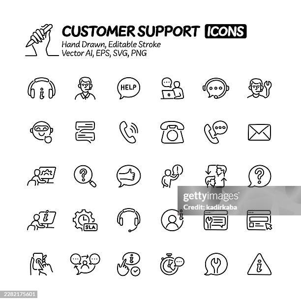 customer support hand drawn doodle line icon set. editable stroke vector icons. - self service stock illustrations
