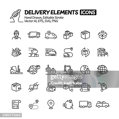 Delivery Elements Hand Drawn Doodle Line Icon Set. Editable Stroke Vector Icons. Delivery Elements Hand Drawn Doodle Line Icon Set. Editable Stroke Vector Icons.