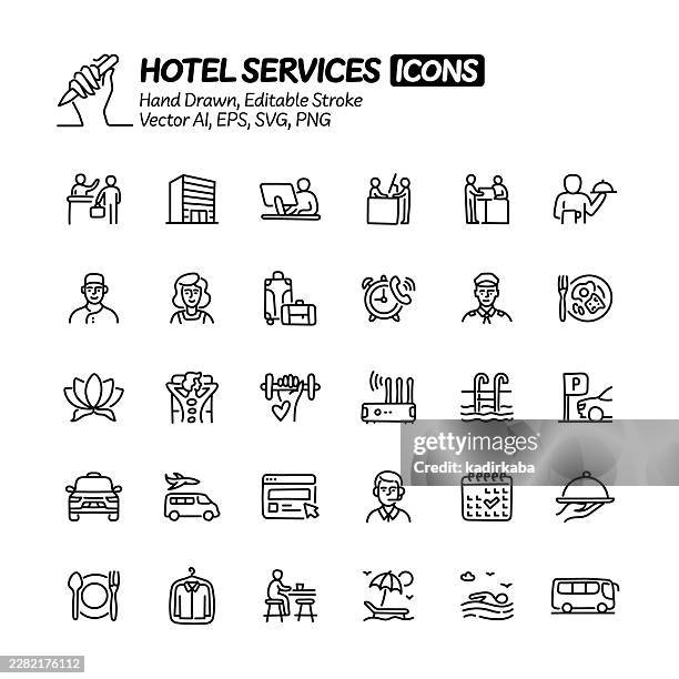 hotel services hand drawn doodle line icon set. editable stroke vector icons. - spa reception stock illustrations