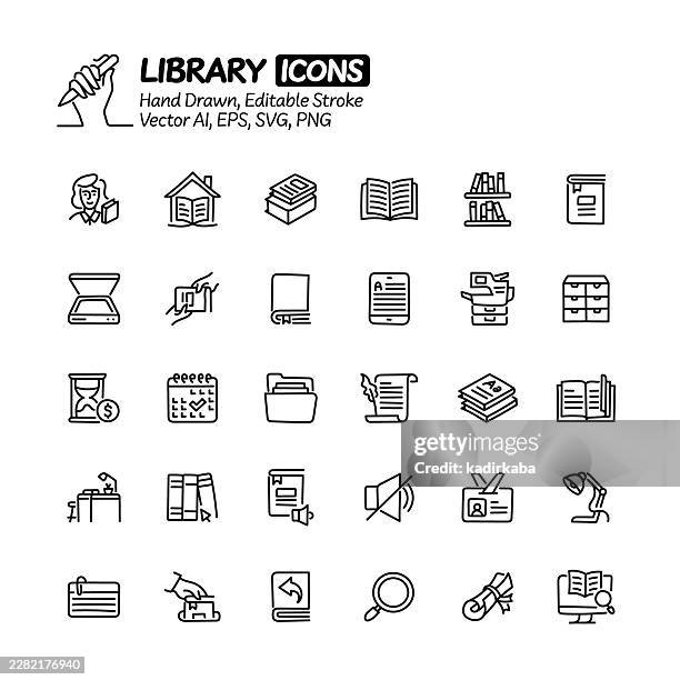 library hand drawn doodle line icon set. editable stroke vector icons. - library card stock illustrations