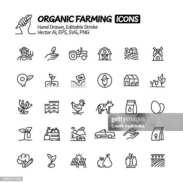 organic farming hand drawn doodle line icon set. editable stroke vector icons. - sprinkler system stock illustrations