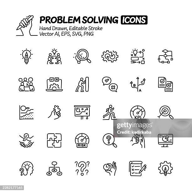 problem solving hand drawn doodle line icon set. editable stroke vector icons. - mind map stock illustrations