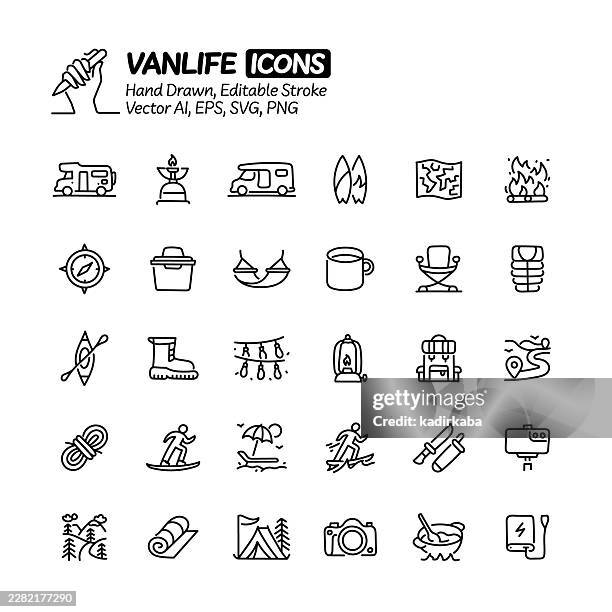 van life hand drawn doodle line icon set. editable stroke vector icons. - beach campfire stock illustrations