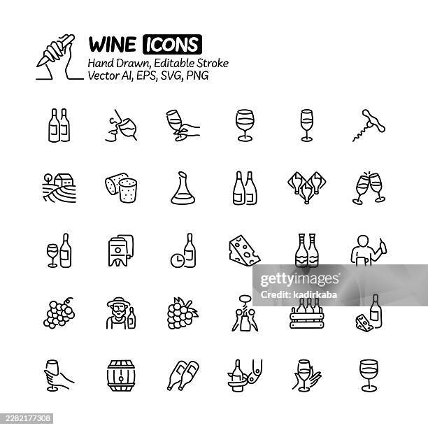 wine hand drawn doodle line icon set. editable stroke vector icons. - winery stock illustrations