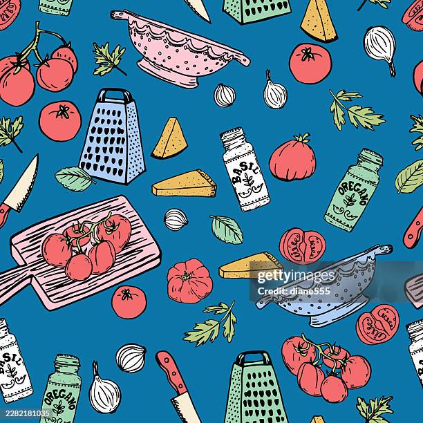 tomatoes & cooking ingredients seamless pattern in vignette hand drawn style - heirloom tomato stock illustrations
