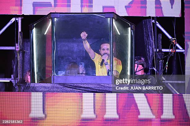 Colombia's presidential candidate for the Defensores de la Patria movement, Abelardo de la Espriella, speaks to supporters from behind bullet-proof...