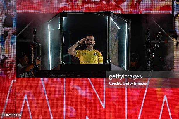 Abelardo de la Espriella, candidate for the Salvación Nacional, salutes his supporters after winning the presidential elections in Colombia during...