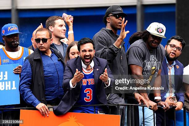 Zohran Mamdani, New York City Mayor and OG Anunoby of the New York Knicks are seen on a float during the New York Knicks Championship ticker tape...